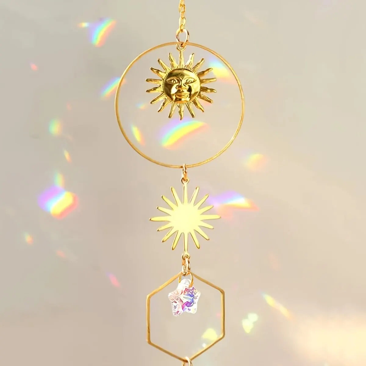 1 Piece Golden Sun Pentagram Crystal Chain Pendant – Room & Window Hanging Decoration