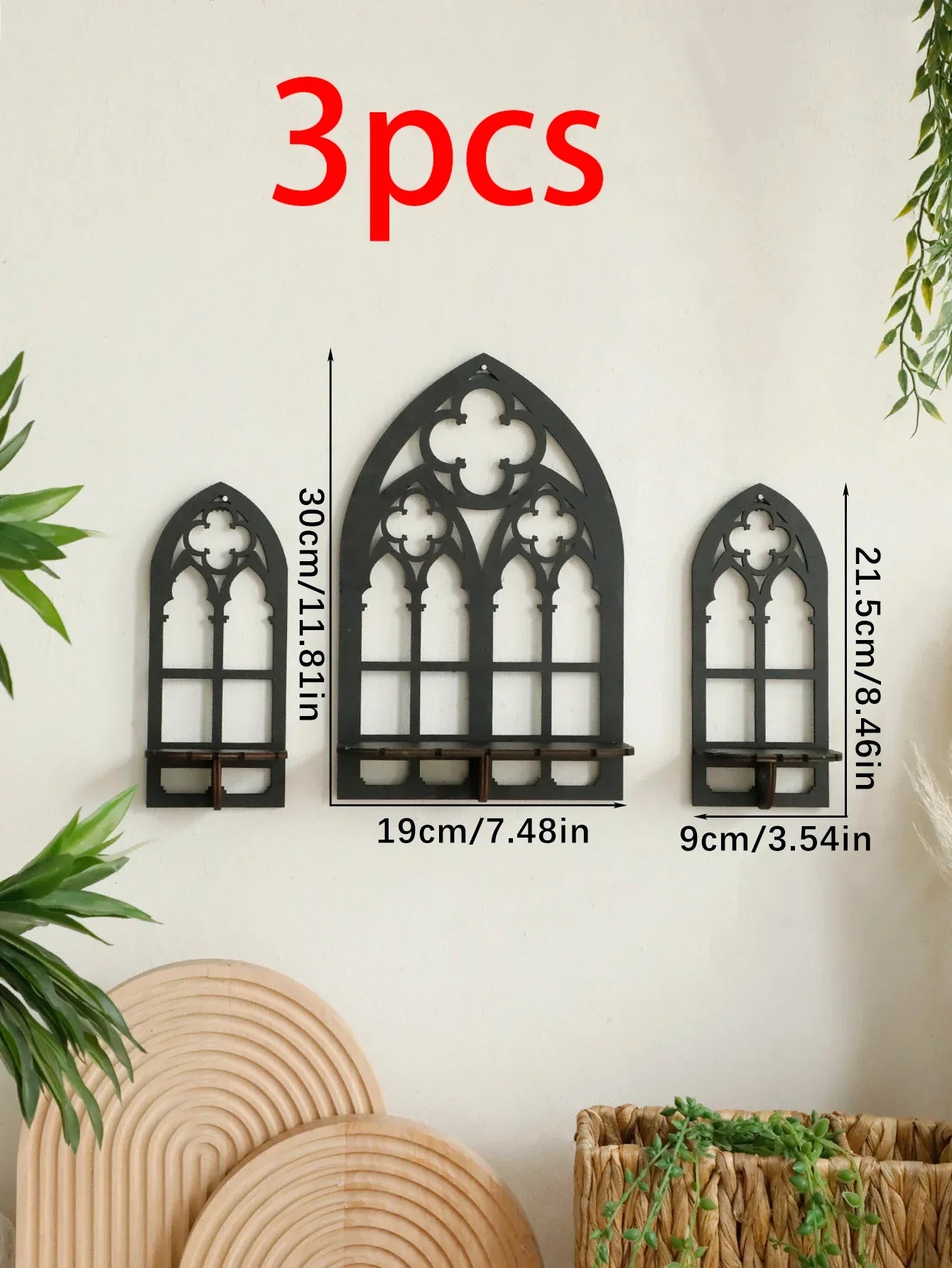 1/3Pc Gothic Wooden Hollow Wall Decoration – Vintage Cathedral Arch Frame