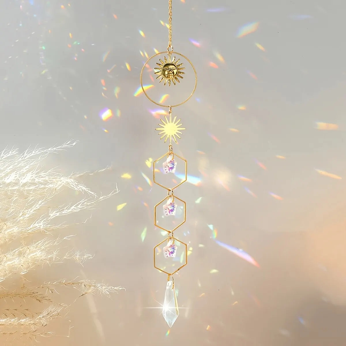 1 Piece Golden Sun Pentagram Crystal Chain Pendant – Room & Window Hanging Decoration