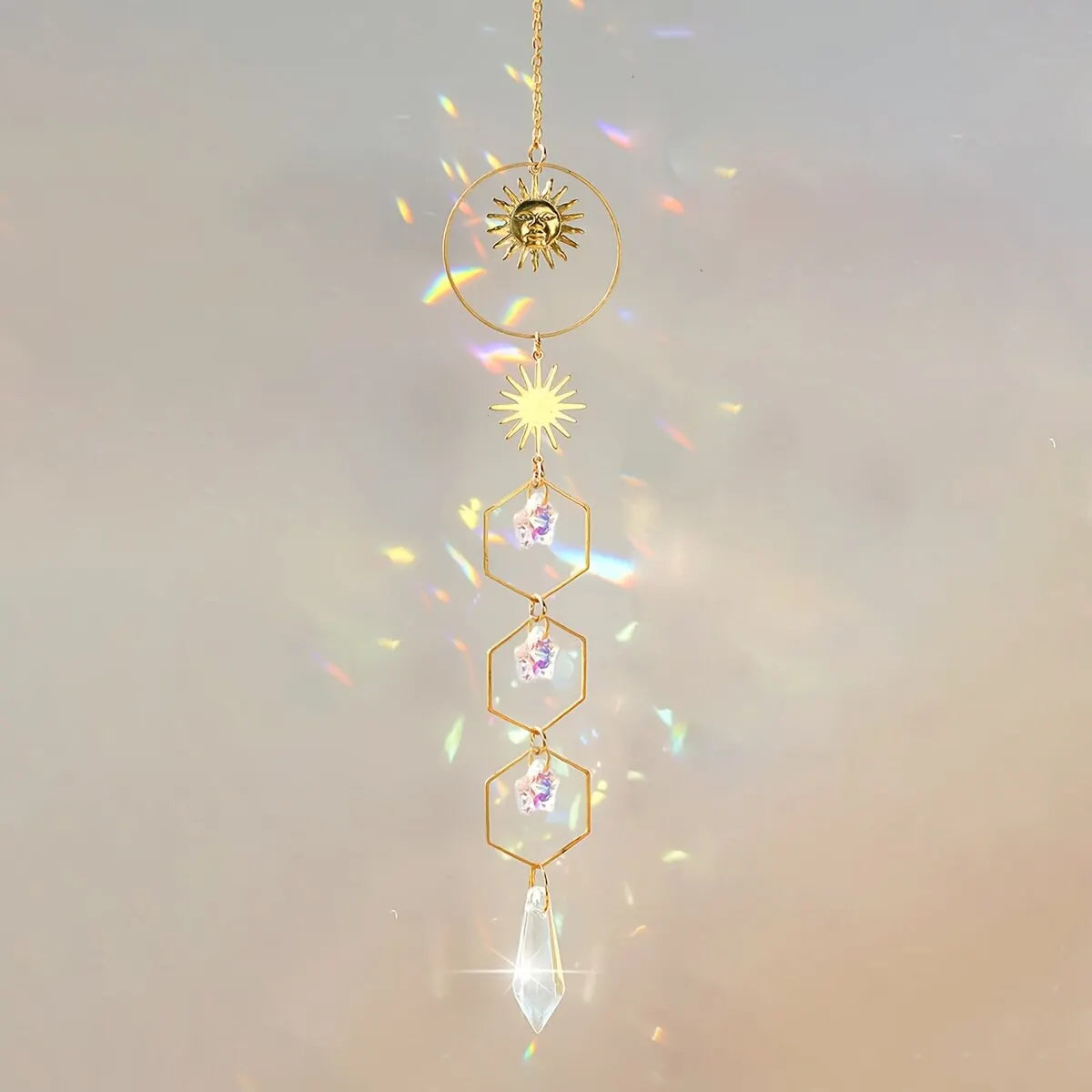 1 Piece Golden Sun Pentagram Crystal Chain Pendant – Room & Window Hanging Decoration