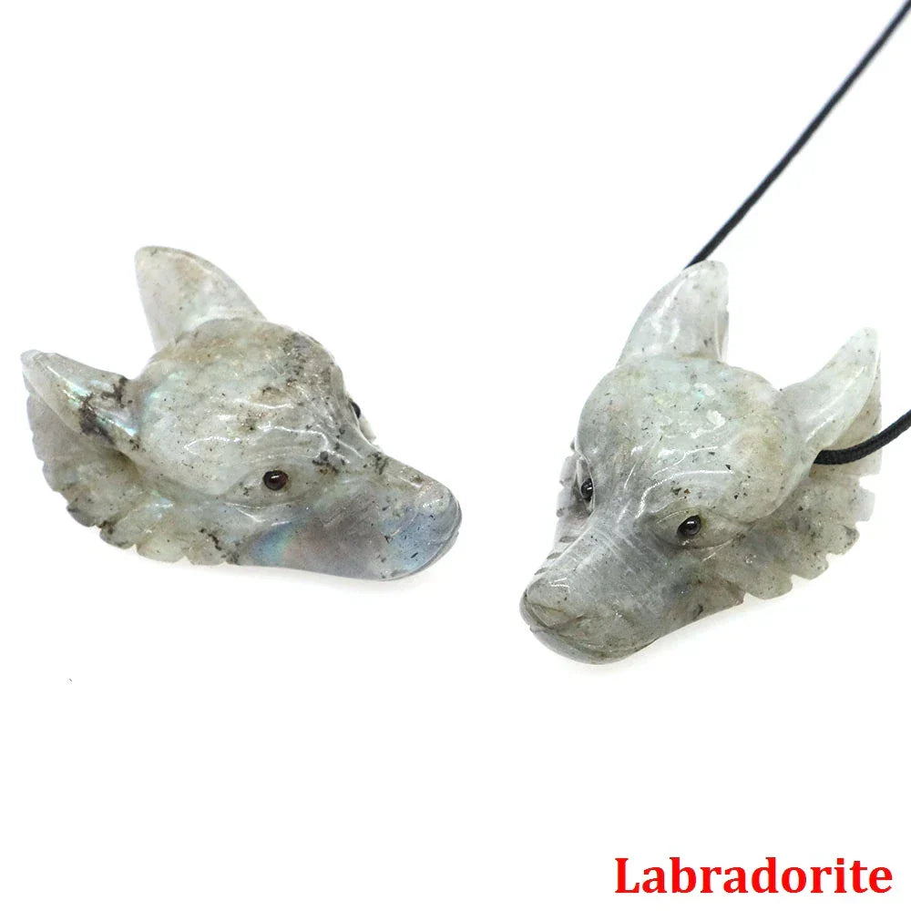 1.5" Wolf Head Pendant – Hand-Carved Natural Crystal Animal Figurine for Healing & Jewelry