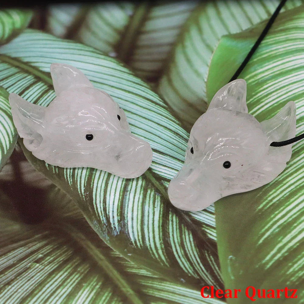 1.5" Wolf Head Pendant – Hand-Carved Natural Crystal Animal Figurine for Healing & Jewelry