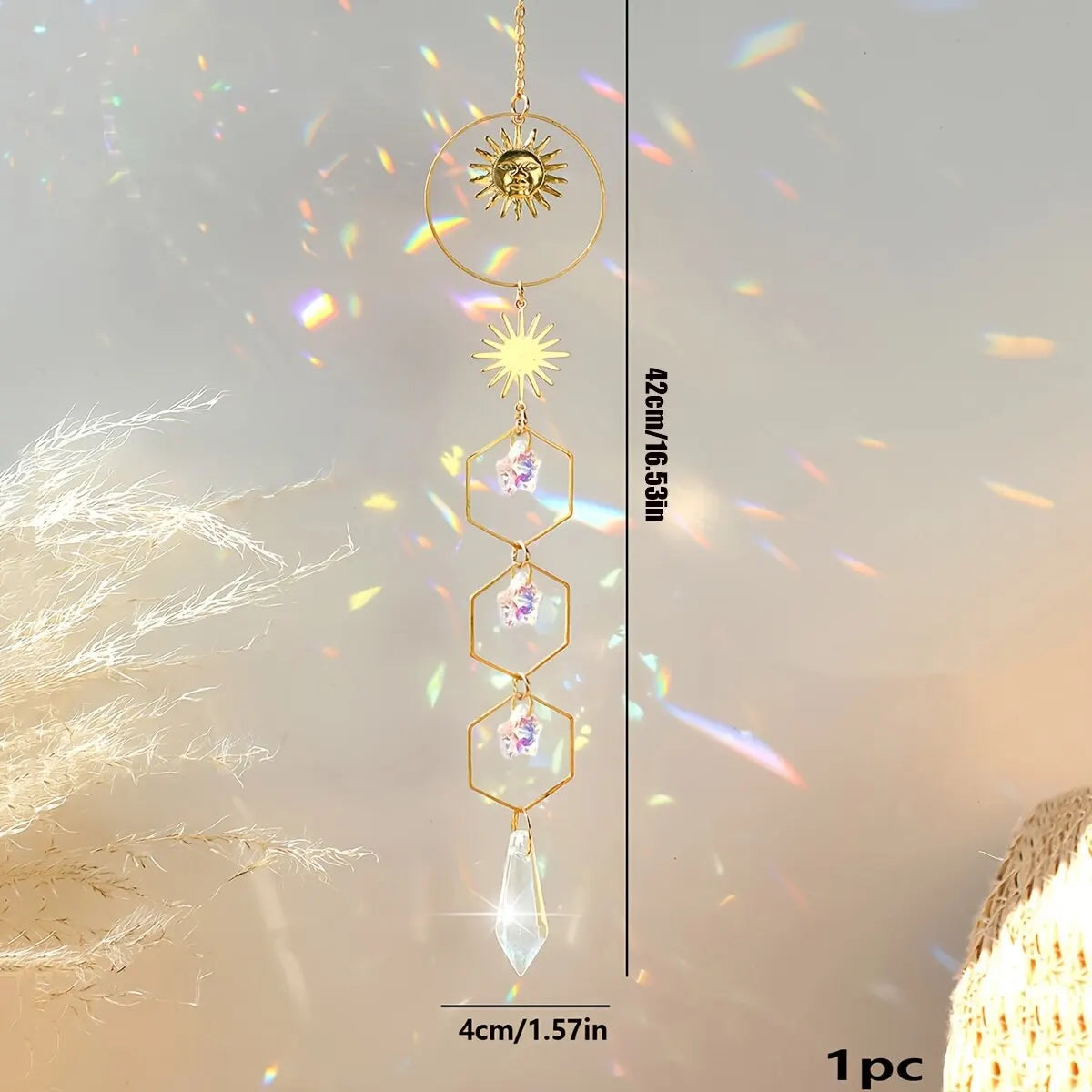 1 Piece Golden Sun Pentagram Crystal Chain Pendant – Room & Window Hanging Decoration