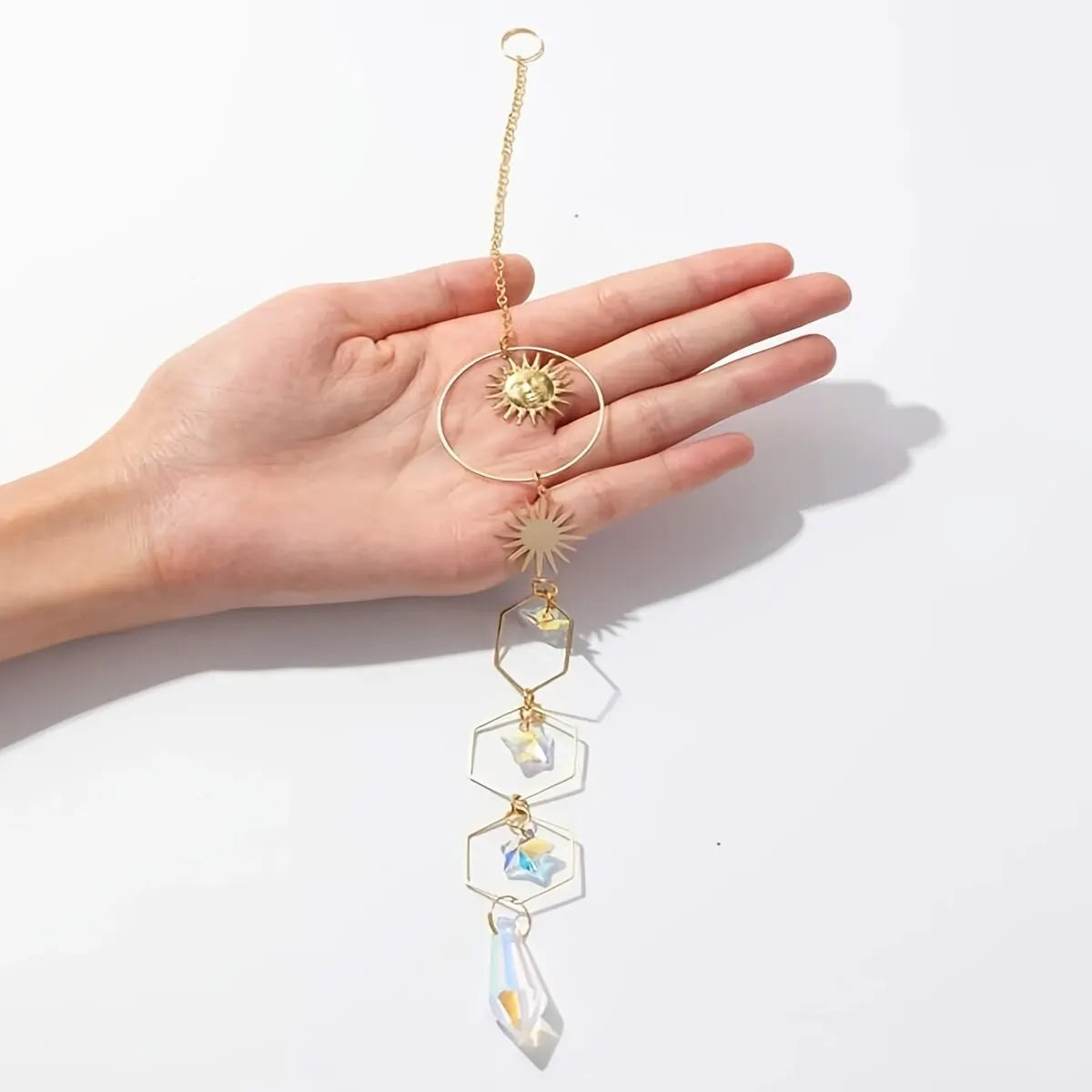 1 Piece Golden Sun Pentagram Crystal Chain Pendant – Room & Window Hanging Decoration