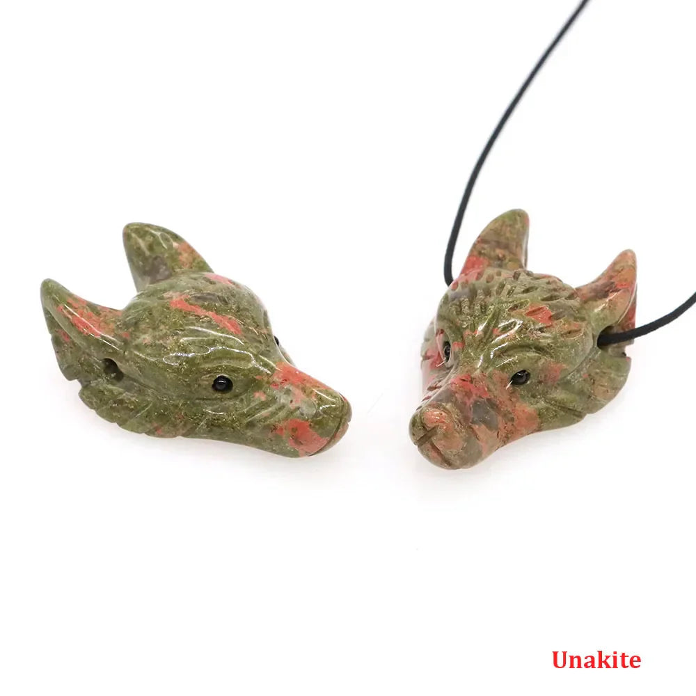 1.5" Wolf Head Pendant – Hand-Carved Natural Crystal Animal Figurine for Healing & Jewelry