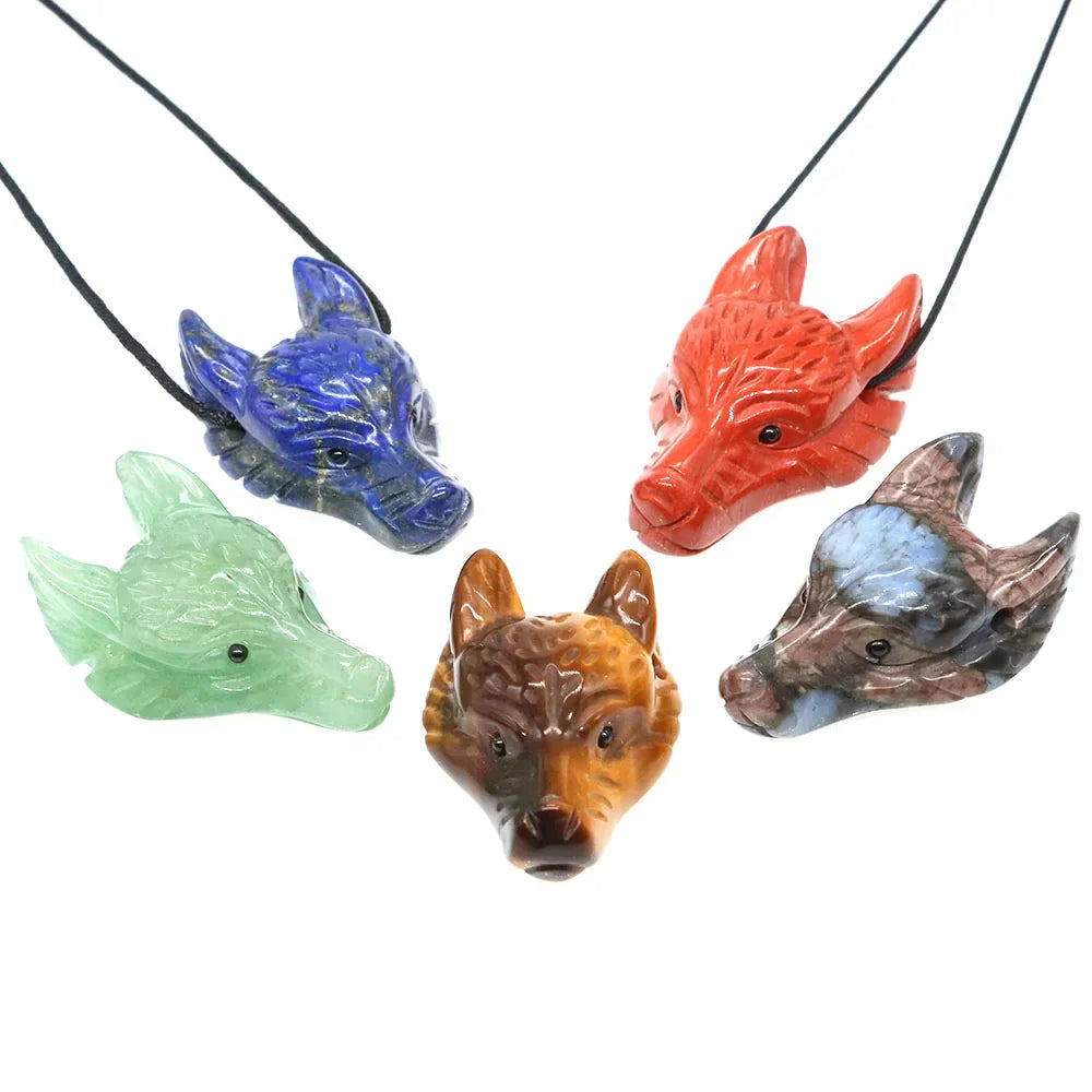 1.5" Wolf Head Pendant – Hand-Carved Natural Crystal Animal Figurine for Healing & Jewelry